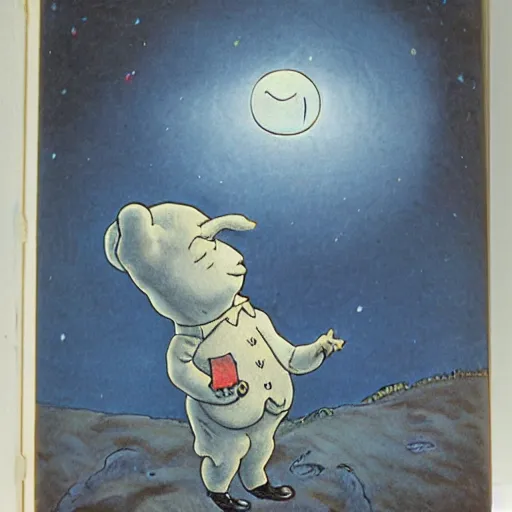 Image similar to cresent moon man smiling portrait, surrounded by clouds, landscape, illustrated by peggy fortnum and beatrix potter and sir john tenniel