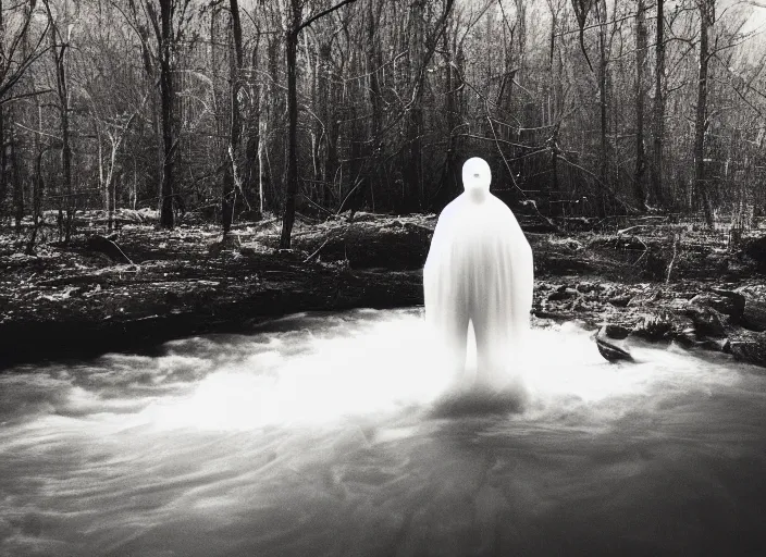 Image similar to photo of a ghostly figure floating over a river, cinematic, blair witch project, real