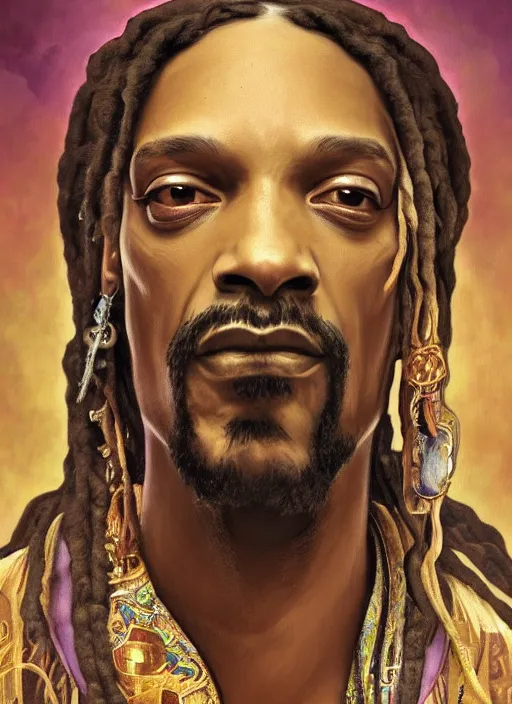 Image similar to Snoop Dog as God of Weed, brutal, epic, intricate, elegant, highly detailed, digital painting, 4k, HDR, concept art, smooth, sharp focus, illustration, art by alphonse mucha,artgerm, H R Giger