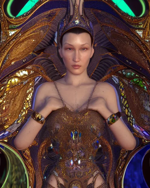 Image similar to a highly detailed metahuman 4 k close up render of a bella hadid as religious monument renaissance in iris van herpen dress schiaparelli in diamonds crystals swarovski and jewelry iridescent in style of alphonse mucha gustav klimt trending on artstation made in unreal engine 4