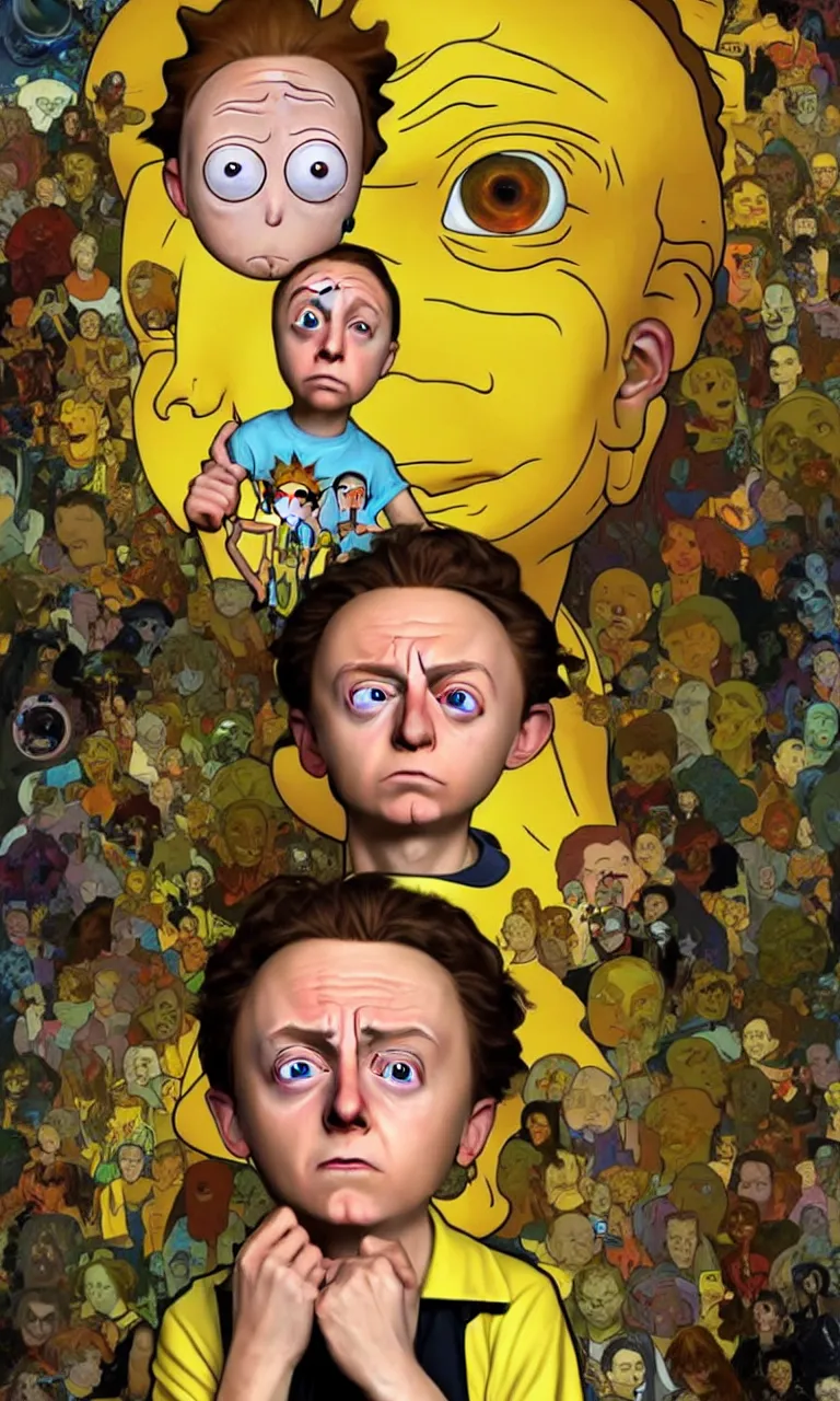 Image similar to hyper realistic portrait of an very young 1 2 yr dumb roundheaded round head morty, from rick and morty, worried, yellow t - shirt, portal in the background, by lee bermejo, alphonse mucha and greg rutkowski