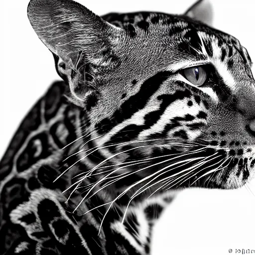 Prompt: profile shot of a black and red ocelot with black background, high contrast, abstract