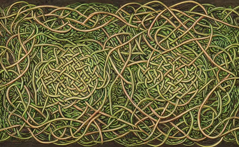 Image similar to a network of thick vines intertwined in the shape of a Celtic knot, central composition, in the style of Peter gric and Hannah yata 8k