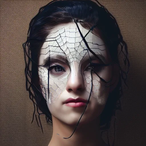 Prompt: a beautiful portrait spidergirl made by wires twisted around her face ,inspired by baroque art, new classic,hyper realistic,cinematic composition,cinematic lighting,fashion design, concept art, hdri, 4k -