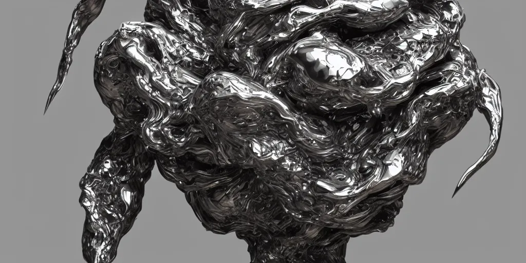 Image similar to 3 d render of an organic sculpture, chrometype, liquid metal, neotribal, raytraced, volumetric lightning, 8 k, by zhelong xu and innate studio