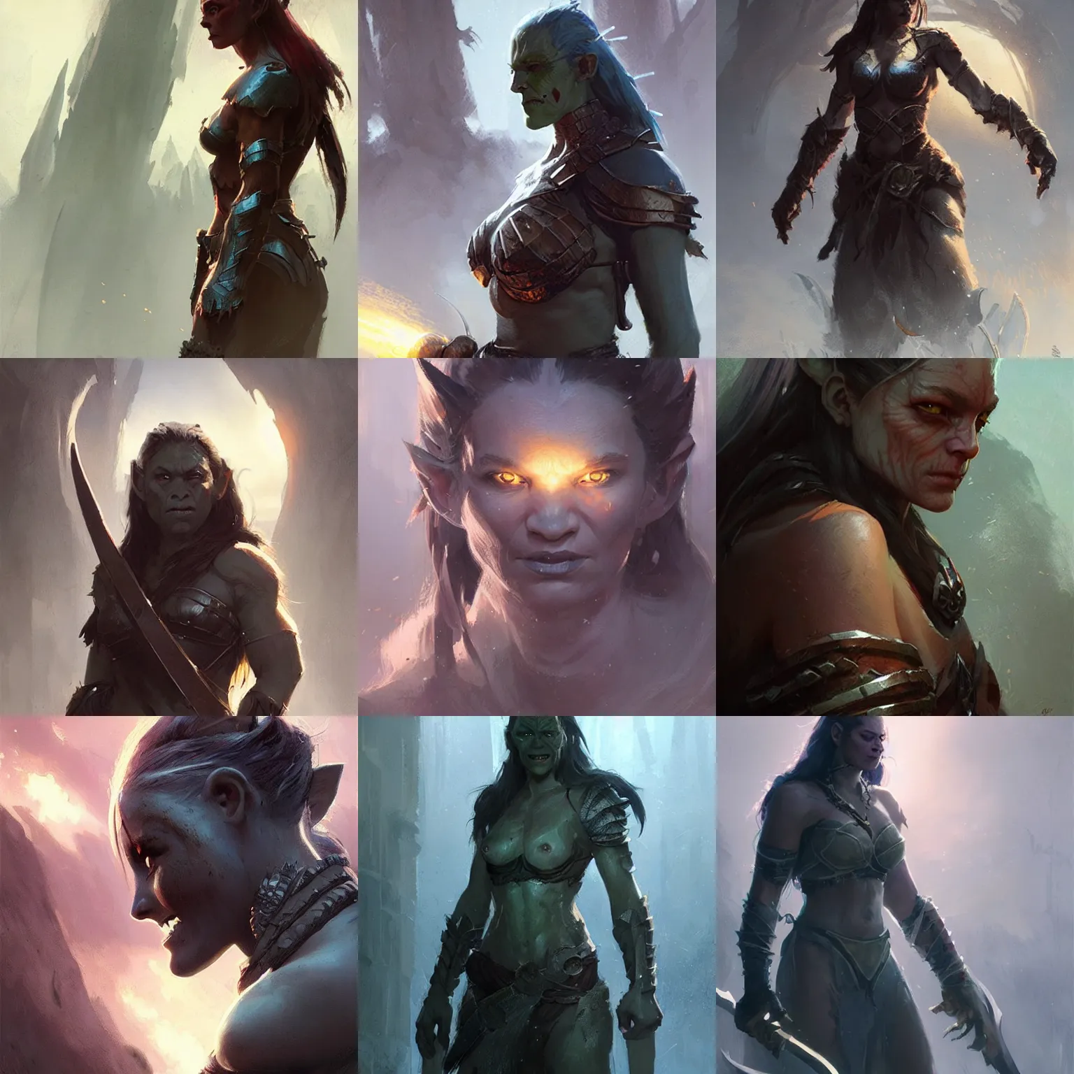 Prompt: the most beautiful female orc wearing light armor. soft lighting. fantasy concept art by greg rutkowski.