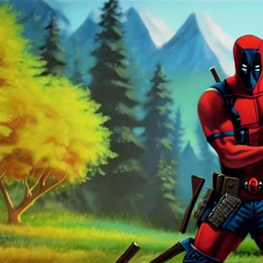 Image similar to a closeup photorealistic photograph of bob ross working on a canvas painting of deadpool. film still. brightly lit scene. mountains and trees. this 4 k hd image is trending on artstation, featured on behance, well - rendered, extra crisp, features intricate detail, epic composition and the style of unreal engine.