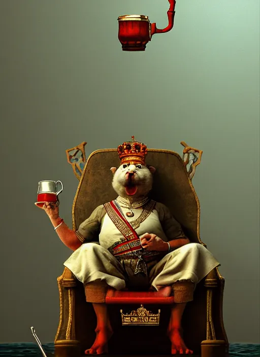 Image similar to king on a throne with a water - filled tankard in his hand in the style of michael sowa, detailed, 4 k, beautifully lit, from a film, cinematic, artstation