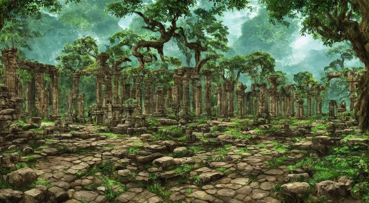 Image similar to ancient stone temple ruins at the end of a pathway next to a river in an overgrown rainforest, by roger dean, by syd mead, robert hubert, laurie lipton, detailed, realistic shadows, rendered in lumion, matte painting