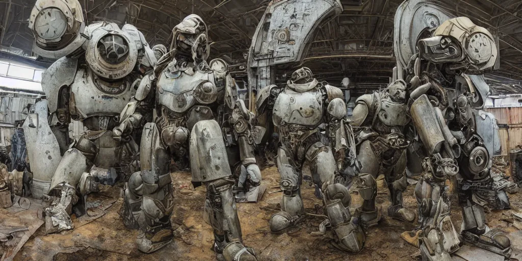 Prompt: wide angle panorama shot photo taken of an epic intricate, ultra detailed, super realistic gritty, hero prop, exquisitely weathered very clunky, bulky fallout 5 power armour suits movie prop replica's in a row in the workshop, created by weta workshop, full body shot, photorealistic, sharp focus, white wall, cold colour temperture