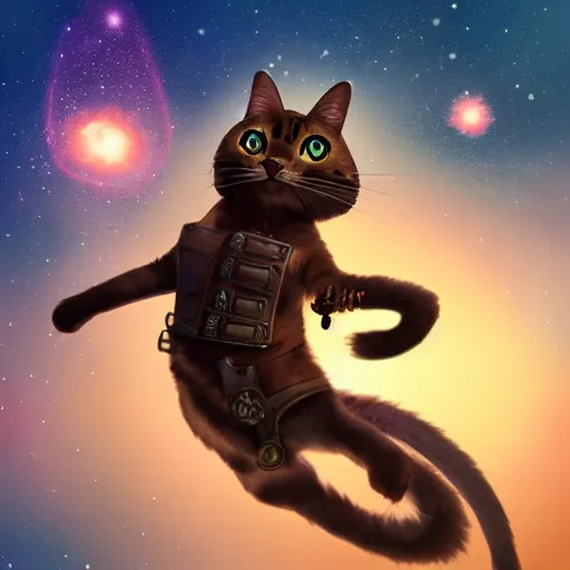 Image similar to A lazy steampunk cat jumping over the galaxy, digital illustration, concept art, 8k, trending on artstation