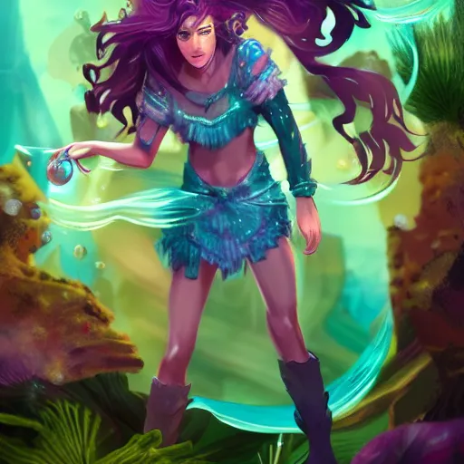 Image similar to female water mage, high quality character design, action pose : : spotlight, magical, seapunk, seaweed, bubbles, high detail, 1 6 k, oled, shadows, reflections, digital art