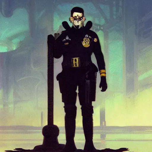 Image similar to portrait of rubbery, gaunt albino mutant with moist skin, sharp features, large lips, huge black eyes and determined expression, wearing fascist Byzantine police uniform and standing on cyberpunk docks, Dune concept art by Anato Finnstark, Alphonse Mucha, and Greg Rutkowski