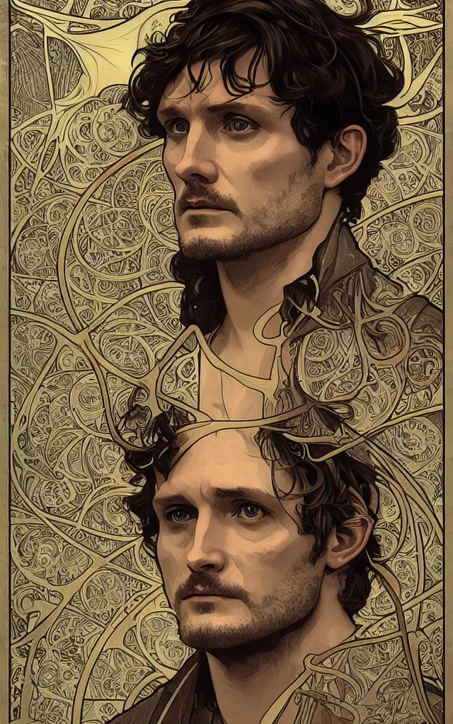 Image similar to Will Graham from NBCs Hannibal in portrait Alphonse Mucha art nouveau style, detailed high definition poster, photorealistic brutal artwork, featured on artstation, powerful, high definition, large file size, advertisement