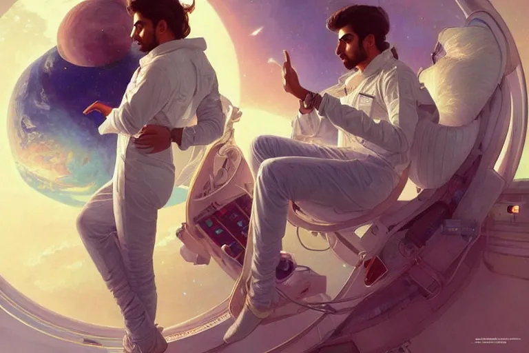 Image similar to Sensuous good looking pale young Indian doctors wearing jeans in a space station above Earth, portrait, elegant, intricate, digital painting, artstation, concept art, smooth, sharp focus, illustration, art by artgerm and greg rutkowski and alphonse mucha