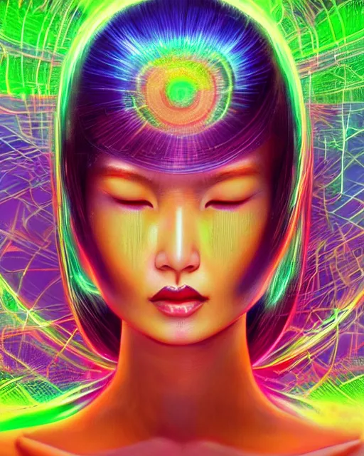 Image similar to a powerful energy psychedelic matrix asian woman, by alexander fedosav, hyper detailed digital matte painting, concept art, hyperrealism, 1 6 k resolution, cinema 4 d, 8 k resolution, trending on artstation, behance hd, a masterpiece, by stephan martiniere, particles, cel - shaded, power bright neon energy, by david a. hardy,