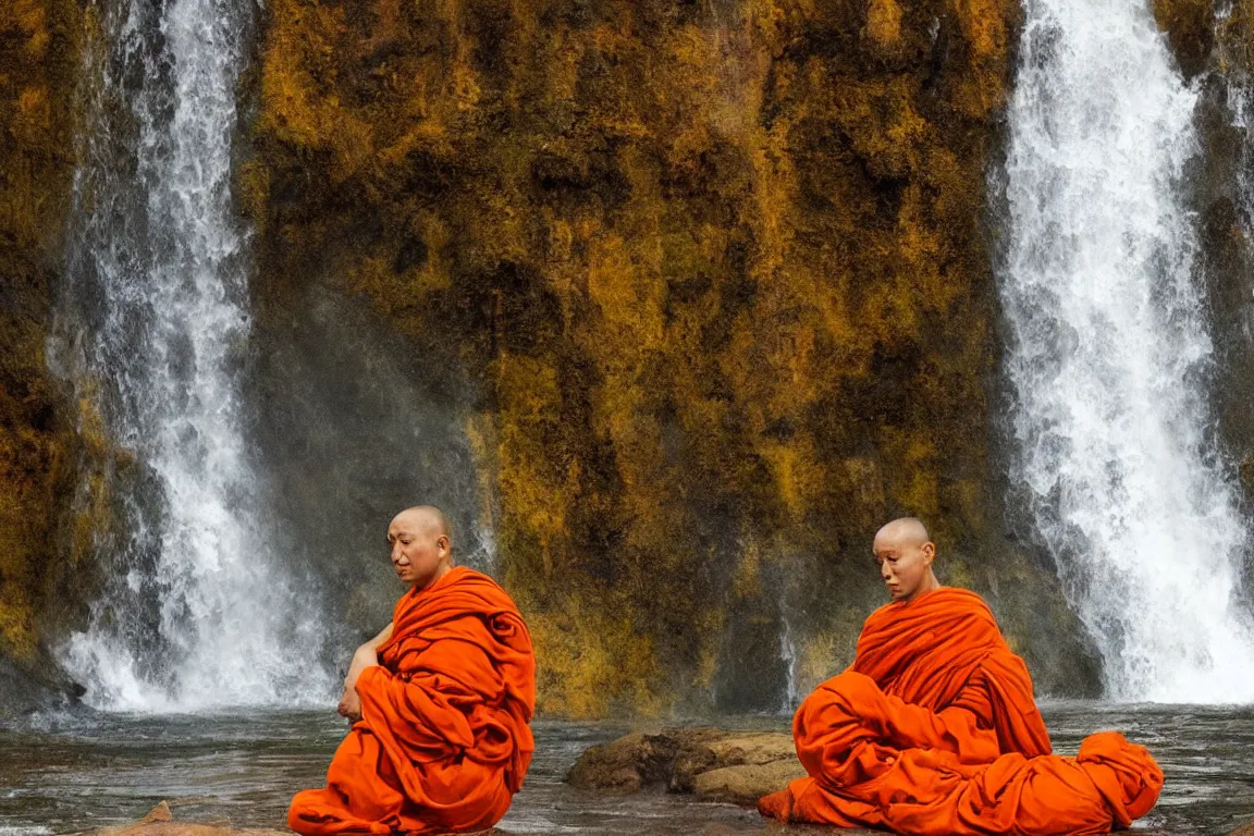 Image similar to dang ngo, annie leibovitz, steve mccurry, a simply breathtaking shot of mediating monk in orange, giantic waterfall, sunshine, golden ratio, wide shot, symmetrical