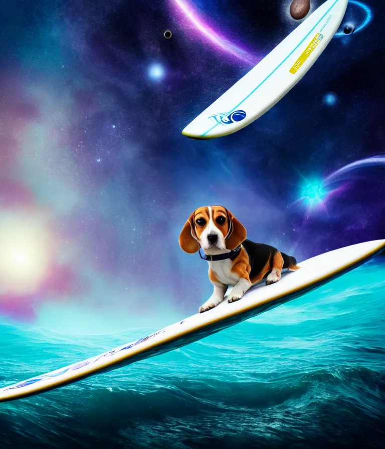 Prompt: beagle dog surfing a surfboard on a crashing l wave of alien ocean in space, background is an alien galaxy, aliens in the background, alien colors, octane render, unreal engine, wide view, 8 k, high detaild