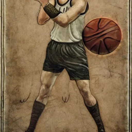 Image similar to hitler playing basketball, realistic, detailed, colored by da vinci