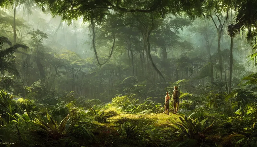 Image similar to a beautiful painting of an archaeological evolution in a lush jungle, ray traced lighting by kalin popov and greg rutkowski