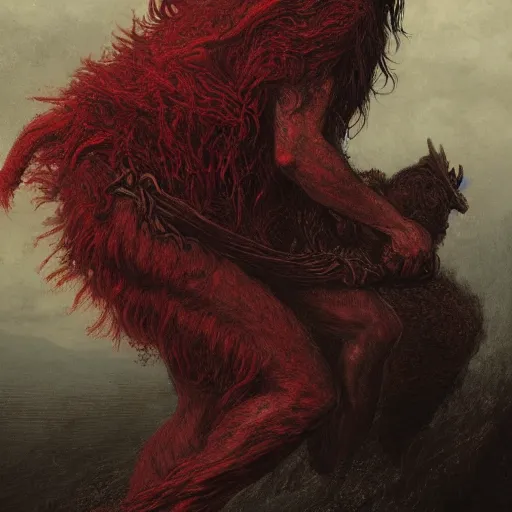 Prompt: a masterpiece! photographic portrait of a scarlet - colored!! beast!! with seven heads!! and ten horns!! by gustave dore and sam spratt and allen williams, trending on artstation, cgsociety, 8 k hd, earthtone colors, a cloaked woman riding the back of the beast