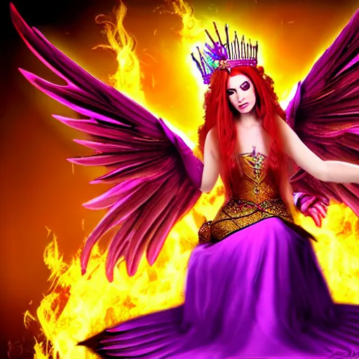 Image similar to Princess sorceress with red flaming bird wings on her back and sitting on an ornate throne dressed in a fancy purple dress, beautiful realistic face, Fantasy, Full Portrait, High detail, realistic, planeswalker