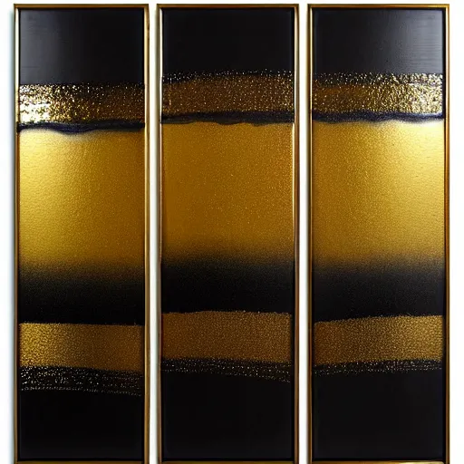 Prompt: a pour painting triptych, gold black silver colors, abstract, thick paint, glossy, resin coated