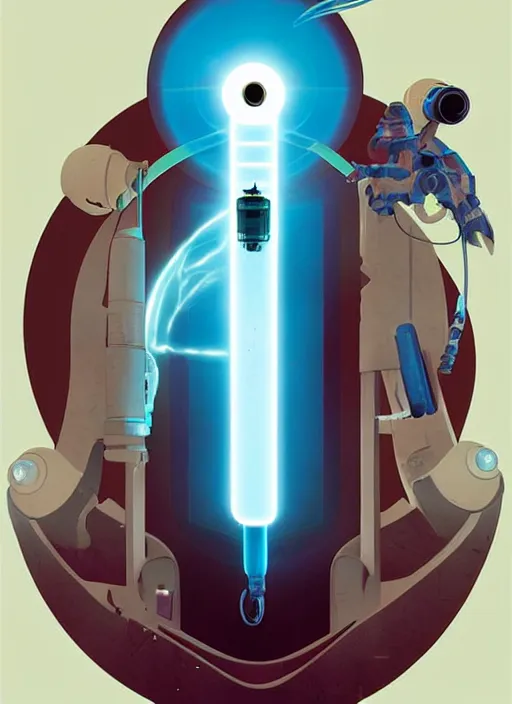 Image similar to poster artwork by Michael Whelan and Tomer Hanuka, of a product poster of the Portal Gun, from the game Portal 2, from Valve, Aperture Science, clean