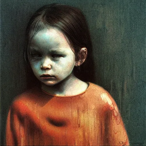 Prompt: portrait of 2 years old girl, painting by Beksinski