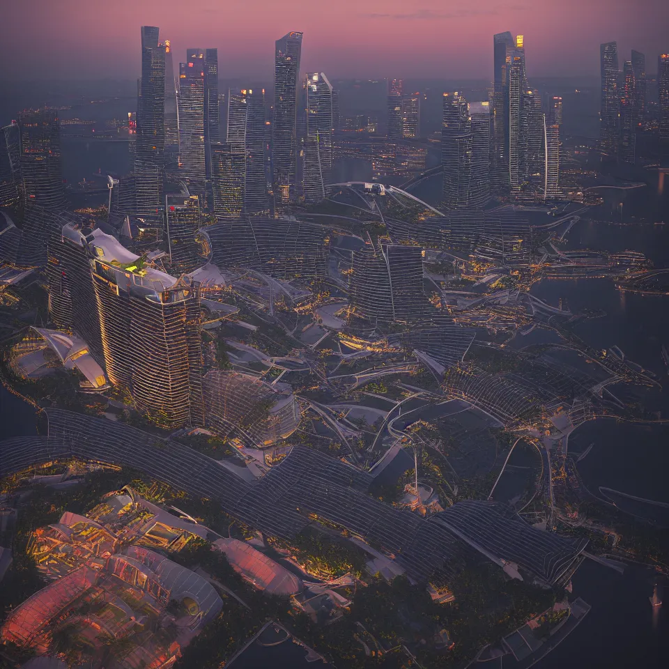 Image similar to a detailed painting overlooking the Marina Bay Sands in Singapore at dusk. By Robert Bechtle, Paul Kratter, Geri Keary, Simon Stålenhag. Digital art, warm, CGSociety, Octane. Trending on ArtStation, 8k, UHD, HDR