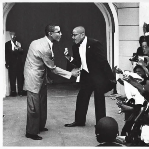 Image similar to Barack Obama having a rap battle against Ghandi, historical photo, 1962