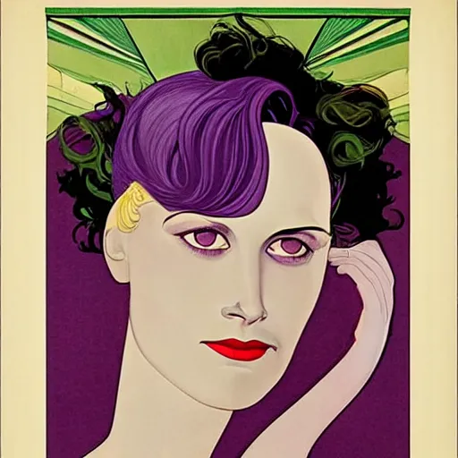 Prompt: Eva Green is Metamorpho, the Element Woman, Art by Coles Phillips, Chalk white skin, deep purple hair, Green eyes, Portrait of the actress, Eva Green as Metamorpho, geometric art, art deco, Alphonse Mucha, Vasily Kandinsky, carbon black and antique gold