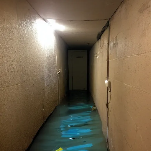 Image similar to a flooded creepy empty basement hallway with a mannequin in the water, craigslist photo