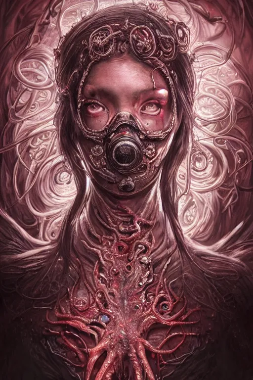 Image similar to realistic portrait of beautifully crystalized and detailed portrait of a zombie woman with gasmask, tentacles, tendrils, eldritch, matte painting of cinematic movie scene red dragon, horror, created by gustave dore and greg rutkowski, high detailed, smooth draw, synthwave neon retro, intricate, realistic proportions, dramatic lighting, trending on artstation.