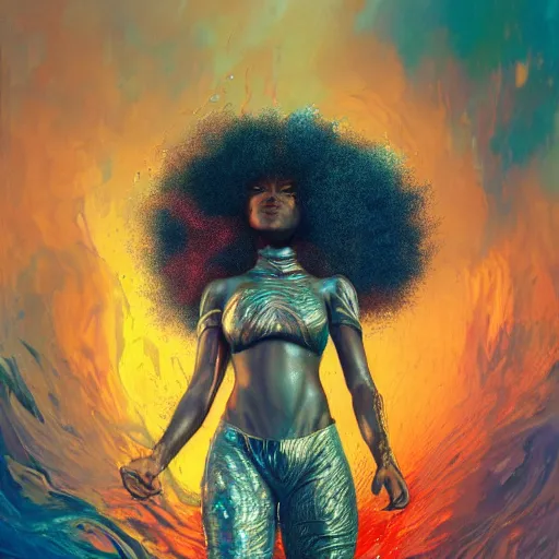 Image similar to ultra detailed illustration of a angry afro american anime girl covered in a sea of iridecent liquid, chrome metal material, lost in a dreamy oriental realm by Karol Bak, Ruan Jia, Moebius, hiroshi yoshida, Druillet, colorful, front view, vivid colors, 8k, coherent, anime vibes, uplifting, magical composition, artstation, synthwave, 8k, coherent, artgerm, uplifting, unreal engine, magical composition, artstation,