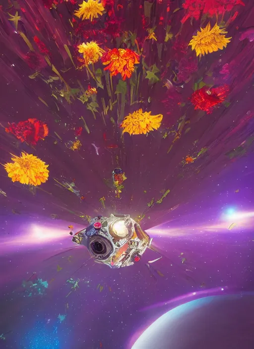 Image similar to An epic fantastic realism comic book style painting of the most beautiful flowers launched into space, bouquets, fisheye lens, unreal 5, DAZ, hyperrealistic, stars in the night sky, octane render, dynamic lighting