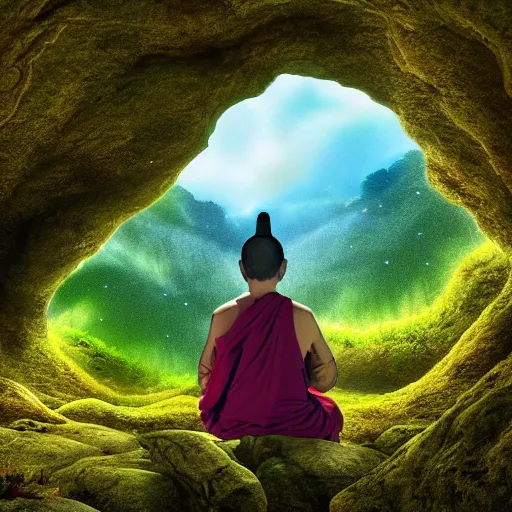 Image similar to a buddha meditating in a dreamy cave and overlooking a vast plain, mossy rocks, a sky full of stars background, 4 k, hyper realistic, in he style of national geographic, coherent design, symmetrical, vivid colour, complementary colour, golden ratio, detailed, sharp lines, intricate, rainbow shift, in unreal 3 d engine, ray tracing, octane render
