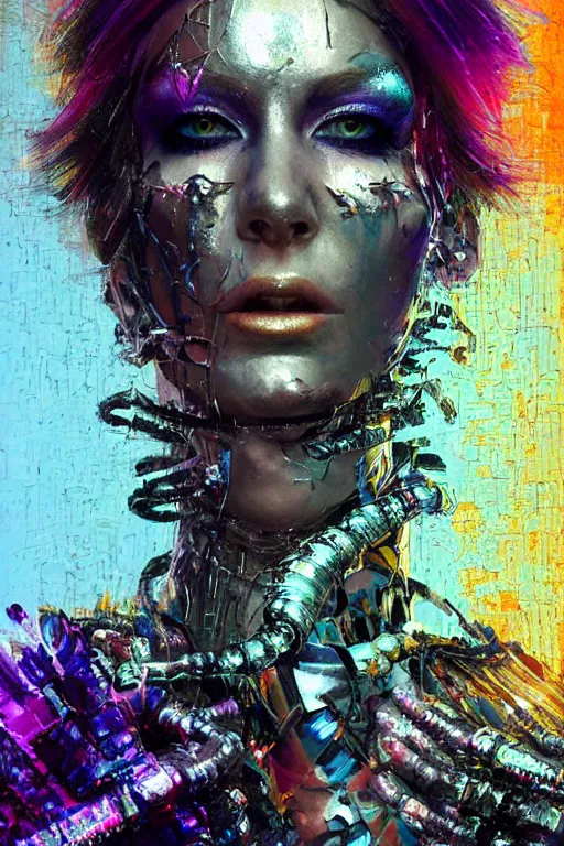 Prompt: portrait, headshot, digital painting, an delightfully mad, wholesome techno - shaman lady, metallic makeup, synthwave, glitch, fracture, crystal hair, realistic, hyperdetailed, chiaroscuro, concept art, painterly, art by john berkey