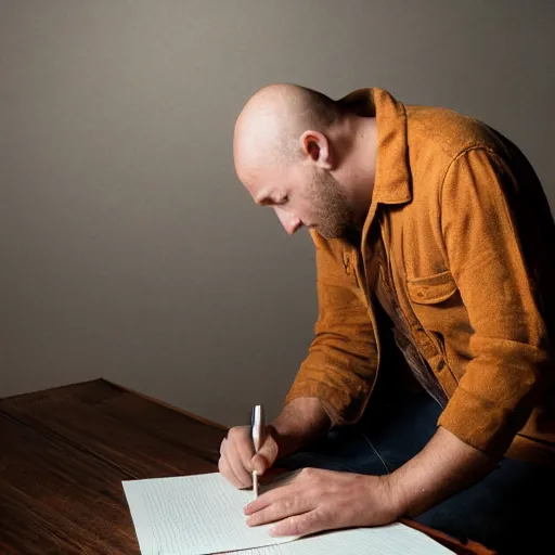 Image similar to a photograph of a man writing the novel of his life story, award - winning photograph, studio lighting, dramatic colors, striking lighting, perfect composition