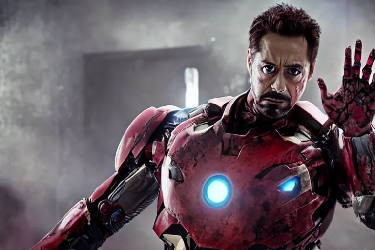 Prompt: film still of zombie zombie Tony Stark as a zombie in new avengers movie, 4k