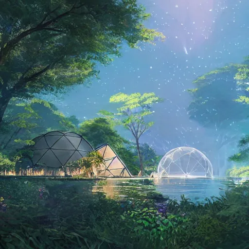 Image similar to geodesic dome in front of a lake with gardens and waterfall, gapmoe kuudere moody lighting stunning bokeh highlights sharp contrast | trending pixiv fanbox | by greg rutkowski makoto shinkai takashi takeuchi studio ghibli