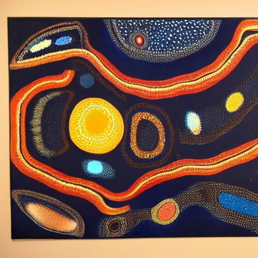 Prompt: earth painted in the style of australian aboriginal art, detailed painting, dot painting, dreamtime, indigenous, ochre papunya tula,