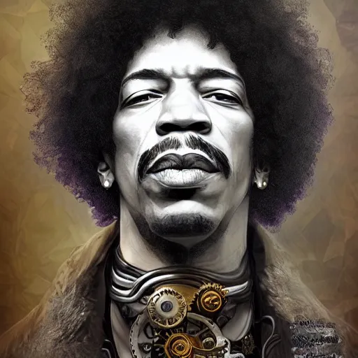 Prompt: steampunk portrait of jimi hendrix, hyper detailed, digital art, trending in artstation, cinematic lighting, studio quality, smooth render, unreal engine 5 rendered, octane rendered, art style by klimt and nixeu and ian sprigger and wlop and krenz cushart.