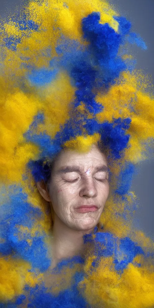 Image similar to woman crying covered in yellow and blue clouds, by kim keever