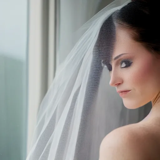 Image similar to Photorealistic portrait of a woman model wearing a wedding veil, looking out the window, dramatic lighting, 55mm