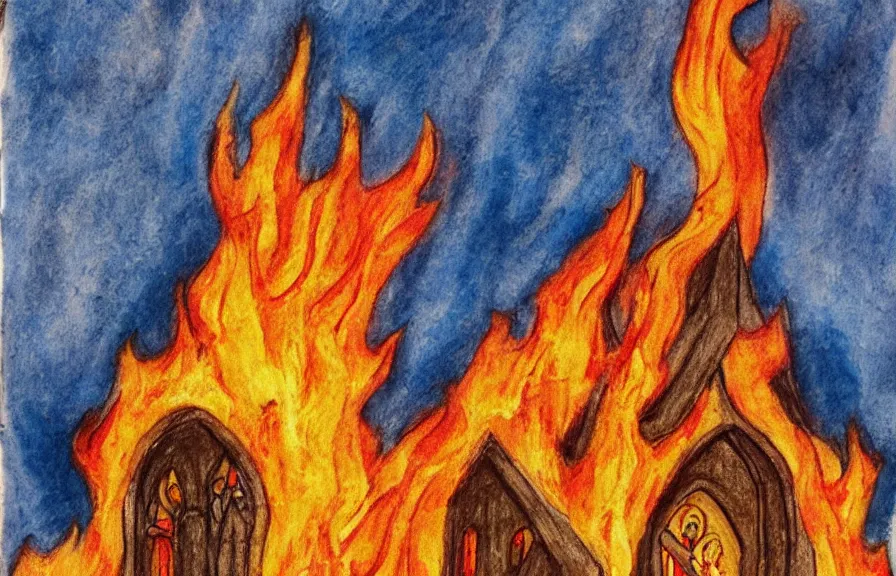 Image similar to church on fire, children drawing