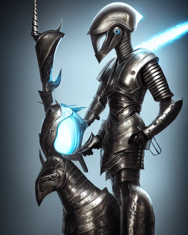 Image similar to epic portrait of female alien unicorn in plate armour by cleavanger and elvgren epic awesome symmetrical octane vfx maya render realistic