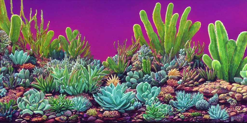 Prompt: a desert with a lot of succulents underwater super detailed acrylic painting, movie poster 7 0's