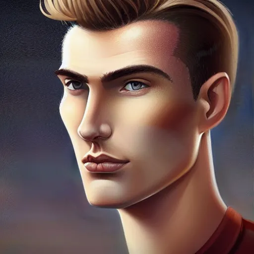 Image similar to tall man in his twenties with brown blond short quiff hair and thin slightly round facial structure with cleft chin, straight eyebrows and prominent nose, good definition of cheekbones, big hazel nut brown eyes, narrow face, slim body, atmospheric lighting, painted, intricate, 4 k, highly detailed by charlie bowater