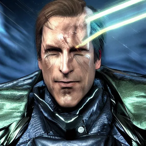 Image similar to Bob Odenkirk as Monsoon from Metal Gear Rising, photorealistic, Cinematic Lighting,